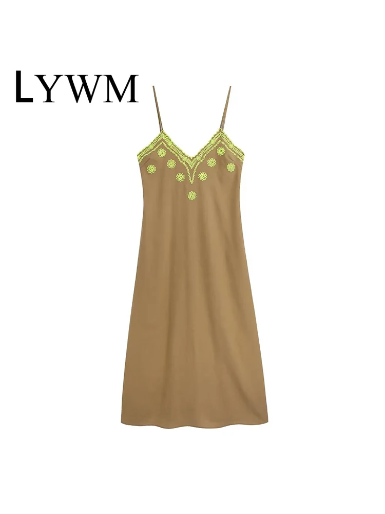 

Женское платье миди с вышивкой LYWM, винтажное платье на тонких бретелях с боковой молнией и V-образным вырезом, шикарные наряды