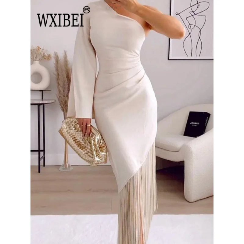 

WXIBEI Elegant Tassels Party Dress Women One-shoulder Slim Pleat Midi Female Dress 2023 Hip Package Club Street Lady Robe FC777