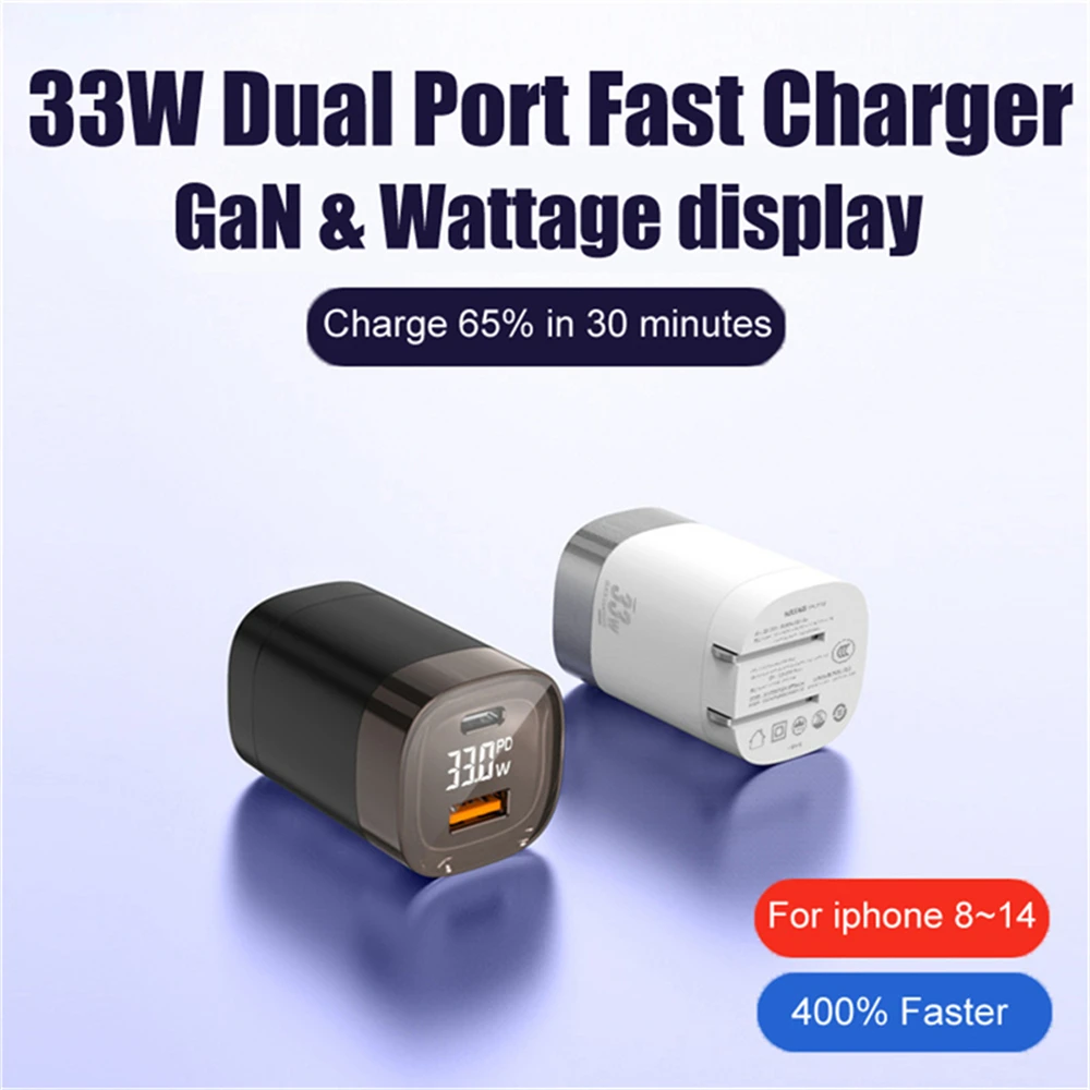 

33W Dual Ports USB C GaN Wall Charger 30W Fast Chargers PD 3.0 QC 3.0 USB-A Type-C Power Adapter With Real Wattage Display