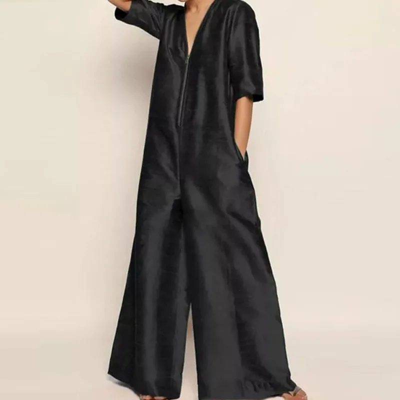 Vintage Female Wide Legs Jumpsuits 2023 Women Loose Straight Solid Jumpsuit Casual Short Sleeve Patchwok Zipper V Neck Romper
Vintage Female Wide Legs Jumpsuits 2023 Women Loose Straight Solid Jumpsuit Casual Short Sleeve Patchwok Zipper V Neck Romper
