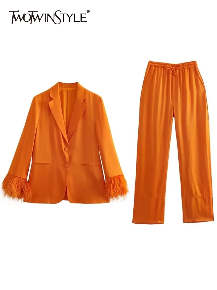 TWOTWINSTYLE Elegant Feathers Trim Two Piece Set Women Notched Collar Long Sleeve Blazer High Waist Trousers Solid Sets Female
TWOTWINSTYLE Elegant Feathers Trim Two Piece Set Women Notched Collar Long Sleeve Blazer High Waist Trousers Solid Sets Female