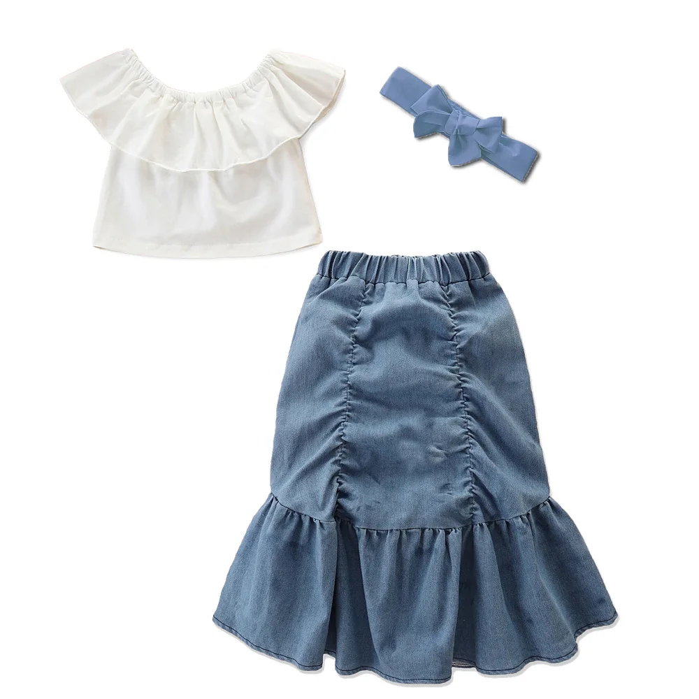 Summer Girl Set White Lace Blouse + Denim Skirt + Headband 3pcs Children Suits Clothes
Summer Girl Set White Lace Blouse + Denim Skirt + Headband 3pcs Children Suits Clothes