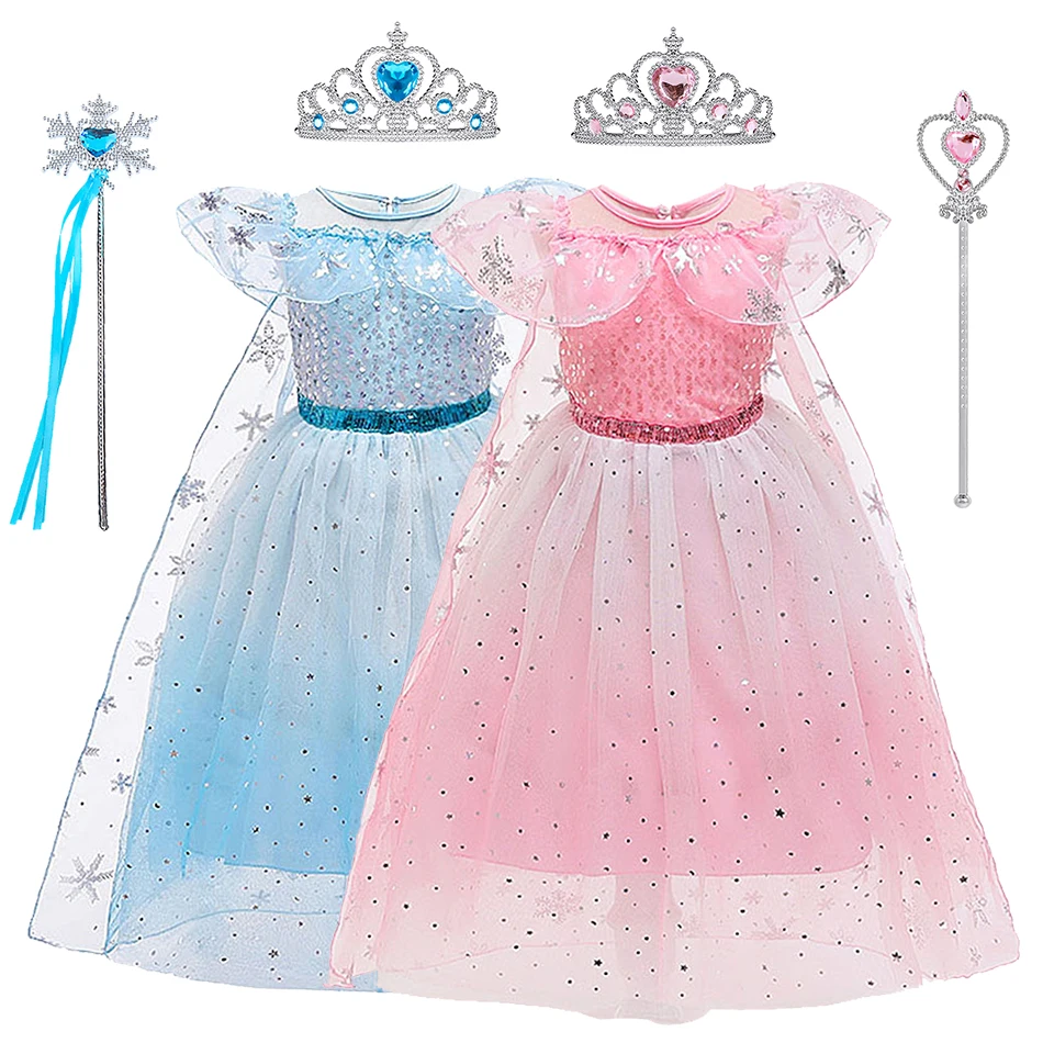 

Children Summer Dress Kids Snow Queen Carnival Fancy Dress Up Little Girls Elsa Pageant Sequin Costume Halloween Layered Gown