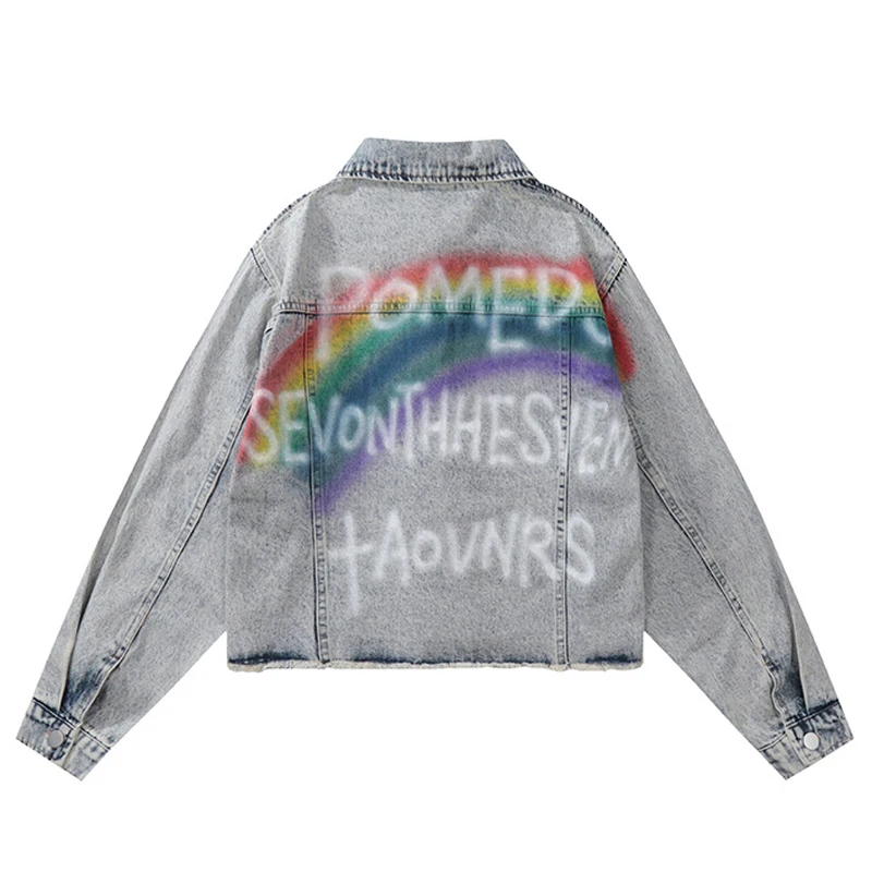 Spring and Autumn Men's Rainbow Letter Printing Denim Jacket Pocket Lapel Casual Loose Coat Couple Street Hip Hop Harajuku Tops
Spring and Autumn Men's Rainbow Letter Printing Denim Jacket Pocket Lapel Casual Loose Coat Couple Street Hip Hop Harajuku Tops