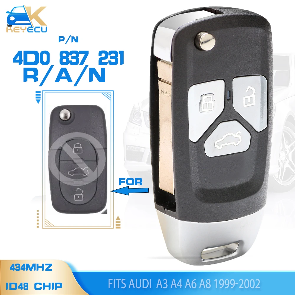 KEYECU 4D0 837 231R , 4D0 837 231A , 4D0 837 231N Upgraded Flip Remote key Fob 433MHz ID48 for Audi A3 A4 A6 Quattro 1997-2002
KEYECU 4D0 837 231R , 4D0 837 231A , 4D0 837 231N Upgraded Flip Remote key Fob 433MHz ID48 for Audi A3 A4 A6 Quattro 1997-2002