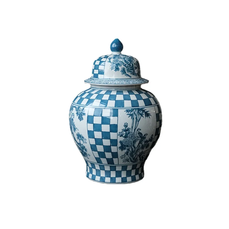 

Home "Double Happiness" Blue and White Porcelain Chessboard Grid Temple Jar Storage Neo Chinese Style Ornaments Vase Flower