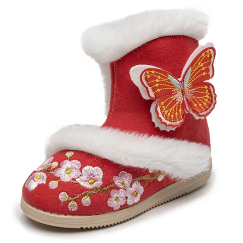 

Kruleepo Children Girls Autumn Winter Fashion Boots Shoes Chinese Style Floral Print Plush Rubber Embroider Stitchwork Booties