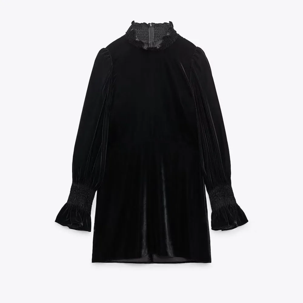Fall/winter new fashion women's retro temperament black stand collar long sleeve ruffled velvet mini dress
Fall/winter new fashion women's retro temperament black stand collar long sleeve ruffled velvet mini dress