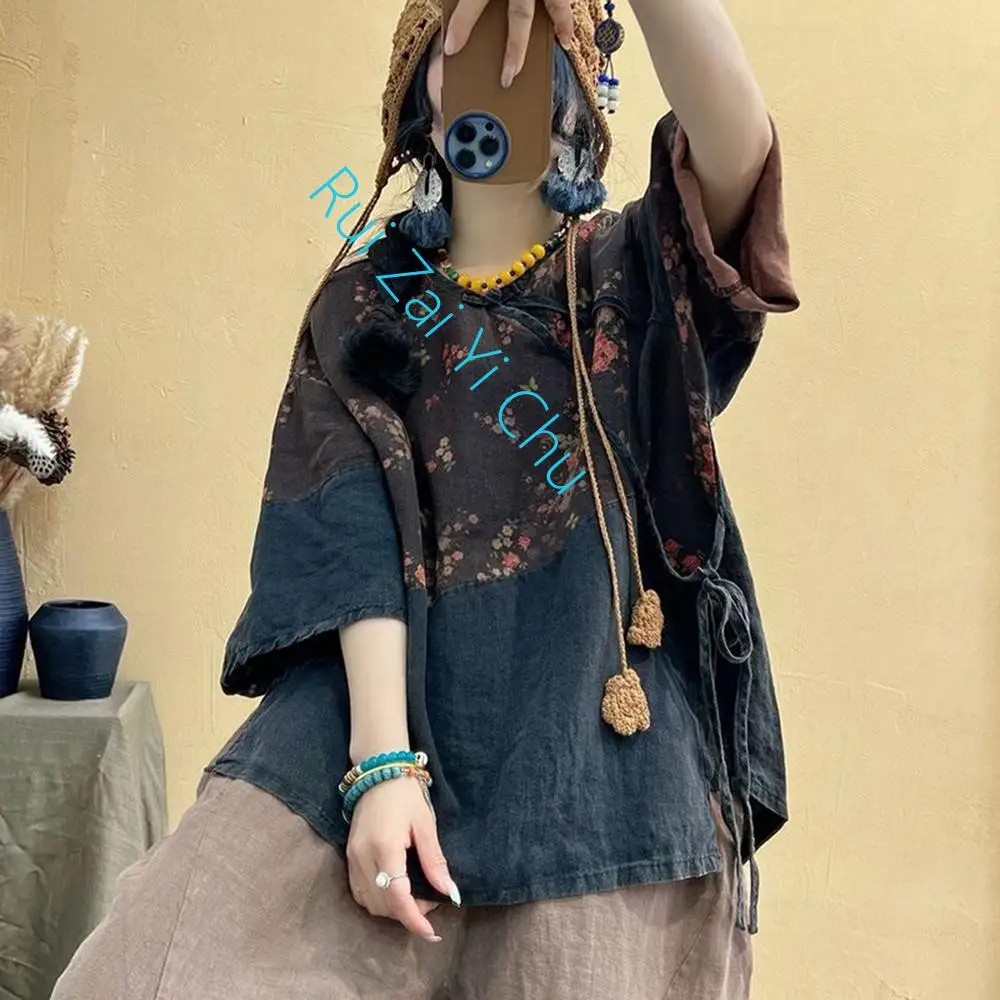 Retro Large Size Top Summer New Women's Ethnic Cotton and Linen Printing Hit Color Tie Shirt Female Literature and Art Irregular
Retro Large Size Top Summer New Women's Ethnic Cotton and Linen Printing Hit Color Tie Shirt Female Literature and Art Irregular
