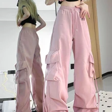 HOUZHOU Harajuku Y2k Wide Cargo Pants Women Baggy Hip Hop Style Black Parachute Pants Pink Oversized Joggers Korean Streetwear