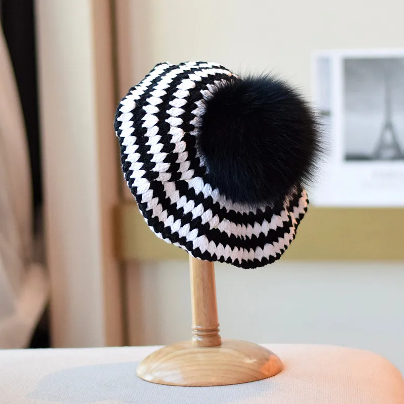Fox Fur Ball Striped Women's Autumn and Winter Breathable Hats Hollow Knitted Handmade Cotton Thread Hat Tide
Fox Fur Ball Striped Women's Autumn and Winter Breathable Hats Hollow Knitted Handmade Cotton Thread Hat Tide
