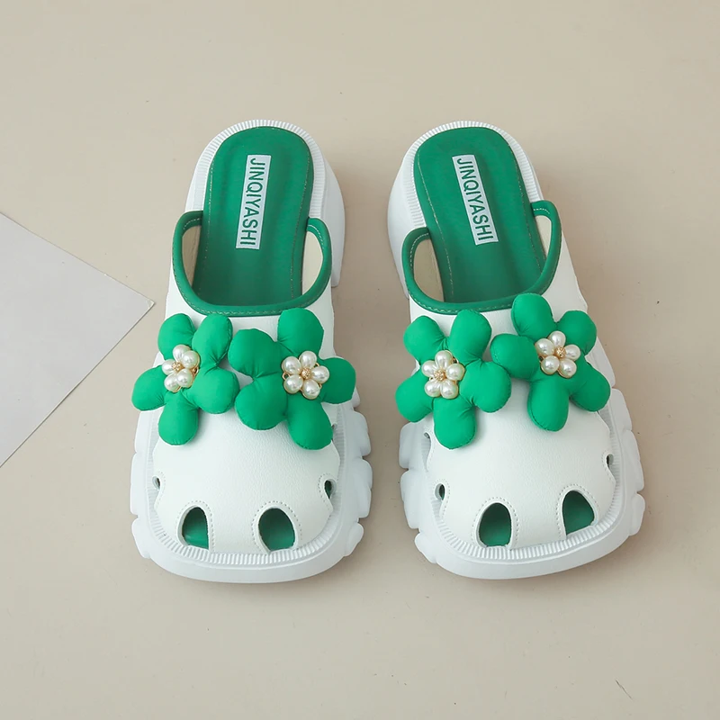 Шлепанцы женские на высоком каблуке, пляжные сандалии с вырезами, повседневные шлепанцы с квадратным цветком, сланцы, лето 2023