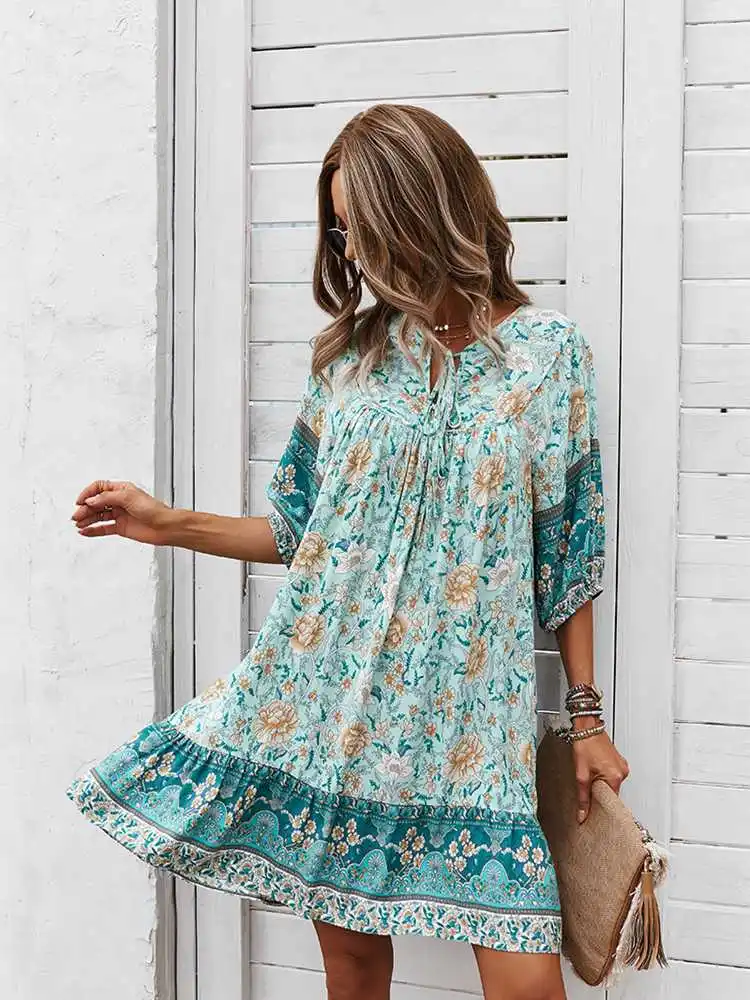 Summer Floral Print Mini Dress Women Vintage Boho Short Dress Lace Up A Line Holiday Beach Sundress Green Vestidos
Summer Floral Print Mini Dress Women Vintage Boho Short Dress Lace Up A Line Holiday Beach Sundress Green Vestidos