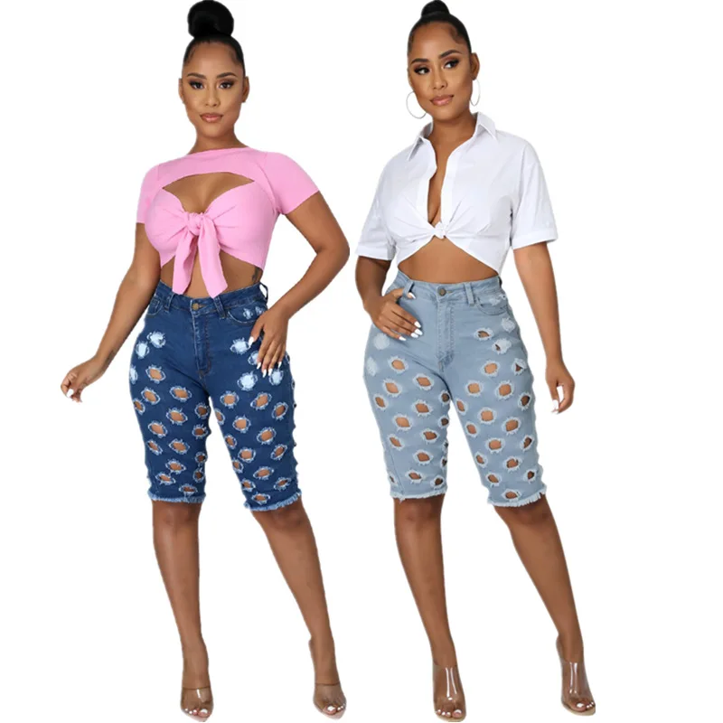 Water Washed Denim Trousers For Women Hole Cut Out Ripped Jeans Knee Length Pants Sexy Casual High Waist Frayed Tassels Summer
Water Washed Denim Trousers For Women Hole Cut Out Ripped Jeans Knee Length Pants Sexy Casual High Waist Frayed Tassels Summer