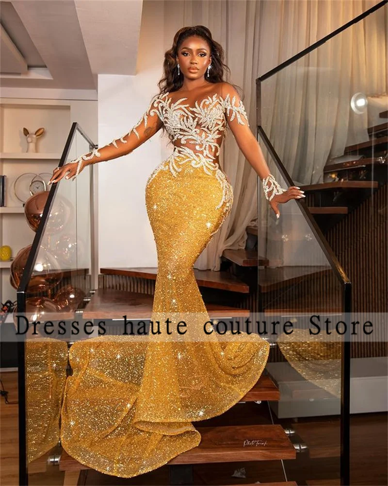 

Aso Ebi Gold Beaded Lace Evening Dresses Sexy 2023 Illusion Sheer Sleeve Mermaid Wedding Party Gowns Vestidoss