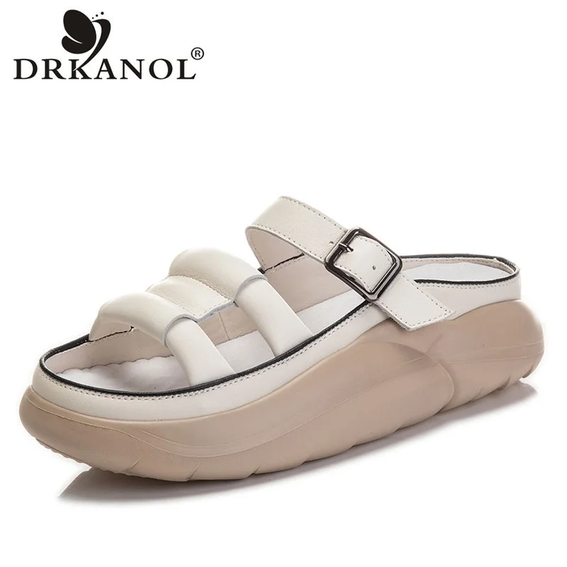 

DRKANOL Concise Summer Platform Slippers Women Wedges Heel Open Toe Slippers Comfort Genuine Leather Slip-on Casual Slides H6111