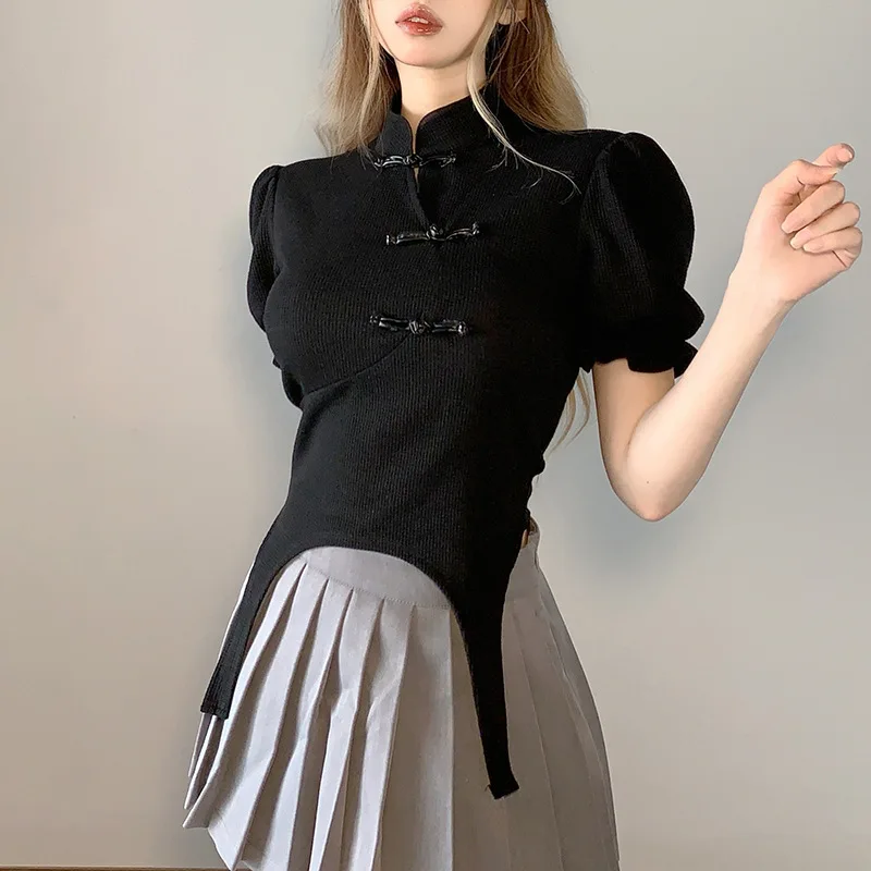 Summer Fashion Slim Sexy Gothic Chinese Style Button Short Puff Sleeve Tee Shirt Casual Short T-Shirts Women Girl Crop Top Black
Summer Fashion Slim Sexy Gothic Chinese Style Button Short Puff Sleeve Tee Shirt Casual Short T-Shirts Women Girl Crop Top Black