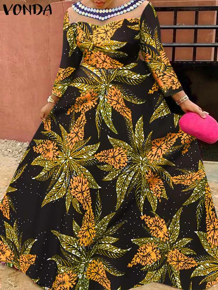 

VONDA 2023 женское богемное винтажное Макси-Платье, сетчатый лоскутный Повседневный мешковатый длинный сарафан с цветочным принтом, летнее вечернее женское платье