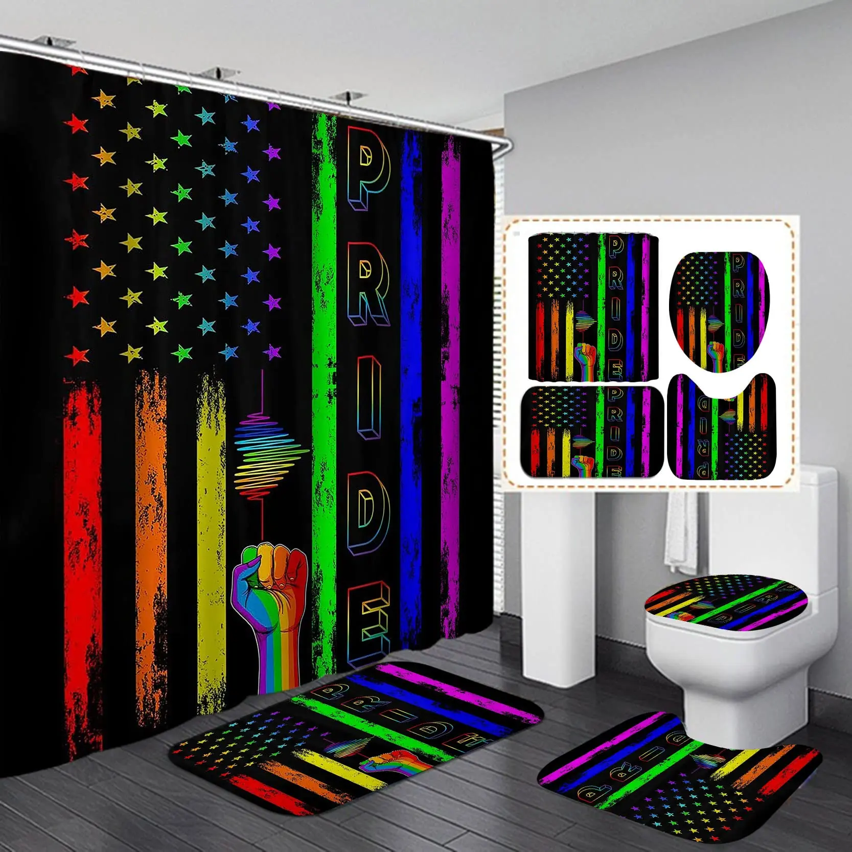 Rainbow Pride Gay Flag Shower Curtain Set Bath Mat Bathroom Set Toilet Carpet Floor Rug Gay Pride Lesbian Peace LGBT Home Decor
Rainbow Pride Gay Flag Shower Curtain Set Bath Mat Bathroom Set Toilet Carpet Floor Rug Gay Pride Lesbian Peace LGBT Home Decor