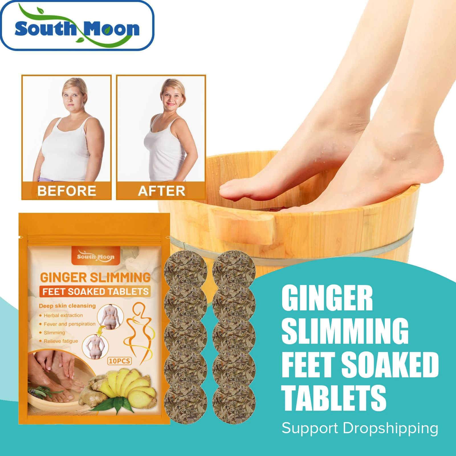 

South Moon Foot Soak Tablets Ginger Slimming Products Lose Weight Fat Burning Spa Sweat Detox Relax Body Sculpting Health Care
