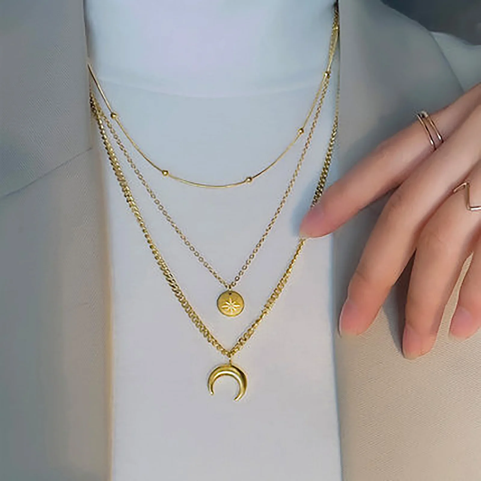 Chic Layered Necklace for Women, Gold Tone Stainless Steel Moon Coin Pendant, Adjustable Layering Satellite Cuban Chains
Chic Layered Necklace for Women, Gold Tone Stainless Steel Moon Coin Pendant, Adjustable Layering Satellite Cuban Chains