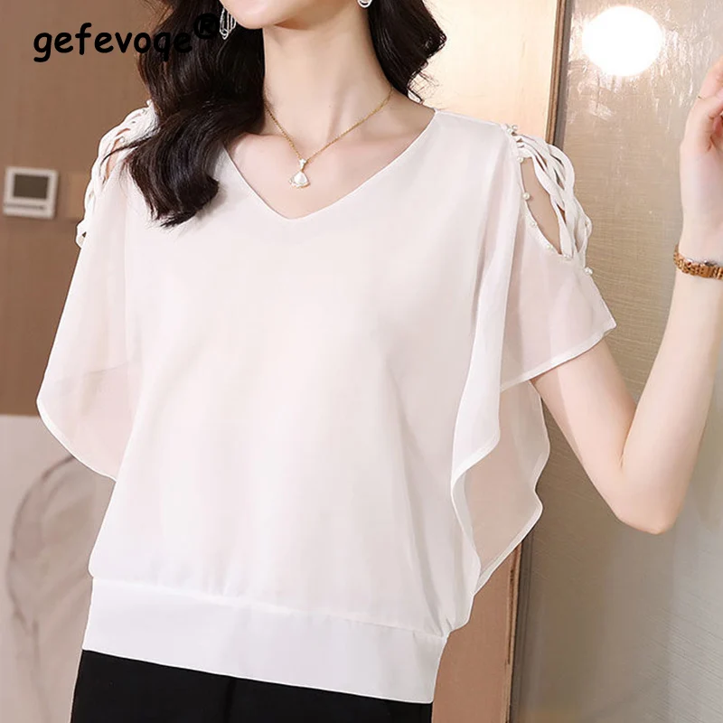 Elegant Fashion Solid Hollow Out Chiffon Shirt Summer 2022 New V-Neck Short Batwing Sleeve Loose Pullover Blouse Female Clothing
Elegant Fashion Solid Hollow Out Chiffon Shirt Summer 2022 New V-Neck Short Batwing Sleeve Loose Pullover Blouse Female Clothing