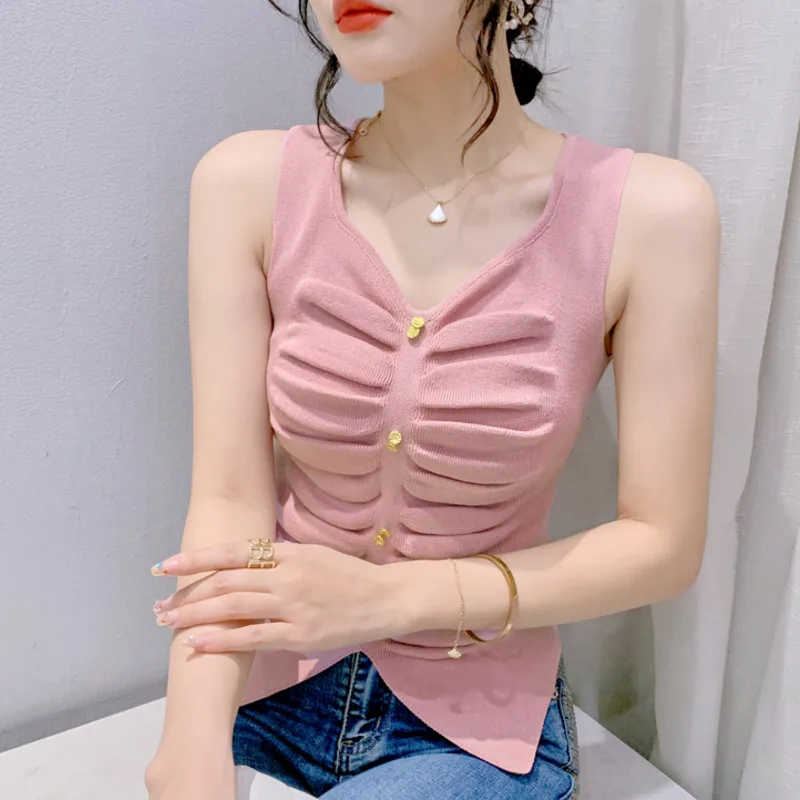 #5362 Summer Black White Pink Knitted Tank Top Women V-neck Buttons Sexy Irregular Knitwear Top Femme Tight Short Crop Top Folds
#5362 Summer Black White Pink Knitted Tank Top Women V-neck Buttons Sexy Irregular Knitwear Top Femme Tight Short Crop Top Folds