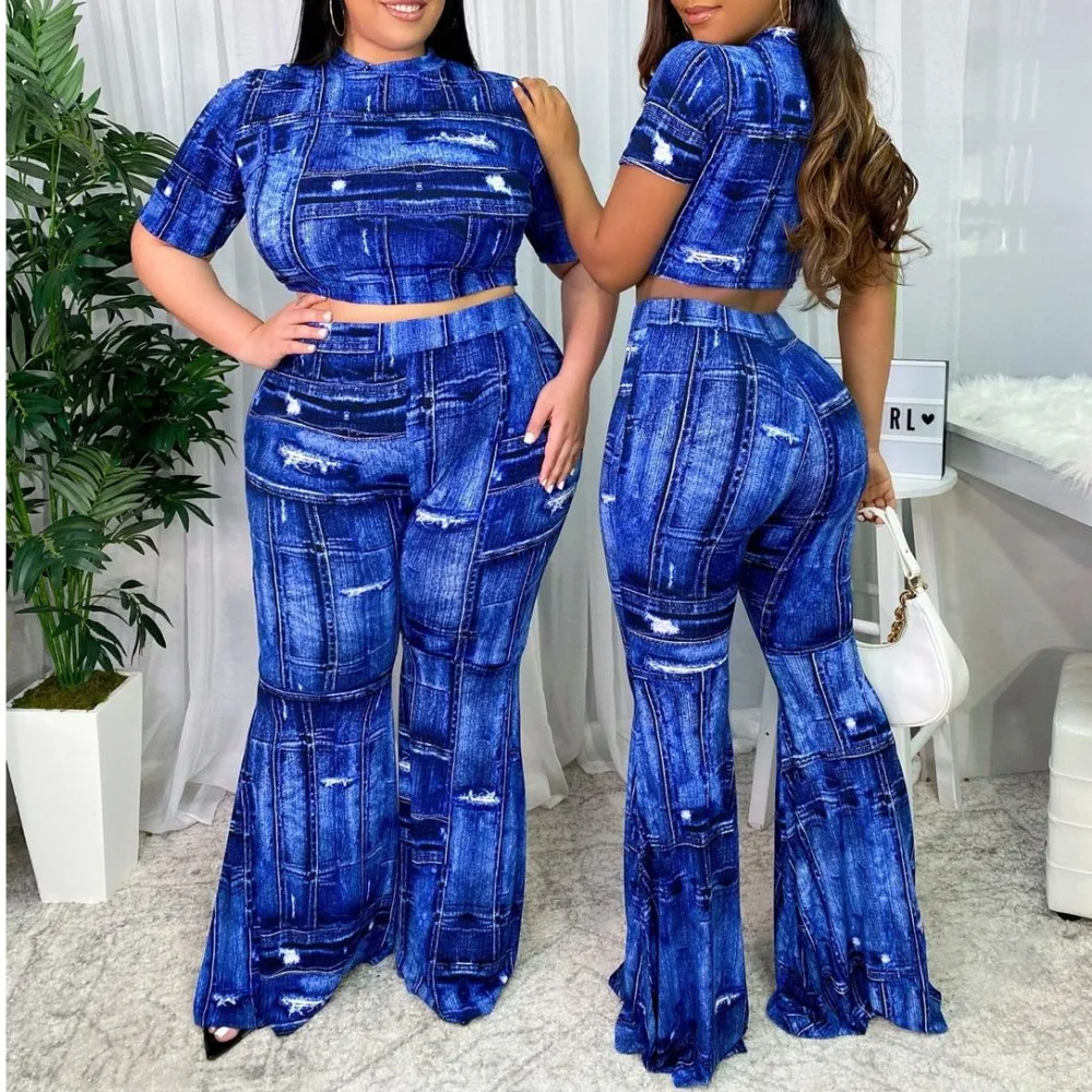 Summer New Casual Imitation Denim Printing Two Piece Set Women Crop Top And Flared Pants Outfits Fitness Jogging Suits Tracksuit
Summer New Casual Imitation Denim Printing Two Piece Set Women Crop Top And Flared Pants Outfits Fitness Jogging Suits Tracksuit