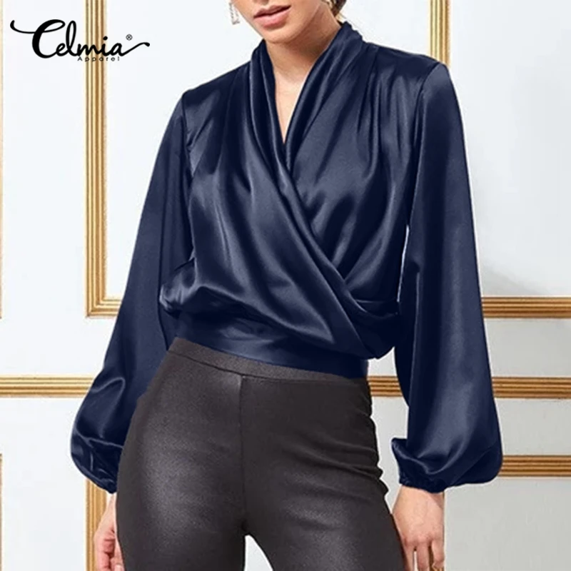 Celmia Elegant Satin Short Tops Women Sexy V Neck Wrap Blouses 2022 Fashion Long Puff Sleeve Shirts Office Pleated Waist Blusas 
Celmia Elegant Satin Short Tops Women Sexy V Neck Wrap Blouses 2022 Fashion Long Puff Sleeve Shirts Office Pleated Waist Blusas