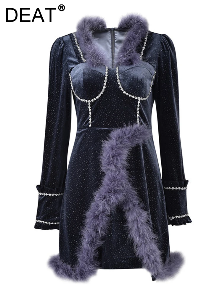 DEAT Fashion Women's Evening Dress V-neck Contract Color Zipper Feather Spliced Rhinestone Waist Dresses Autumn 2023 New 7AB265
DEAT Fashion Women's Evening Dress V-neck Contract Color Zipper Feather Spliced Rhinestone Waist Dresses Autumn 2023 New 7AB265