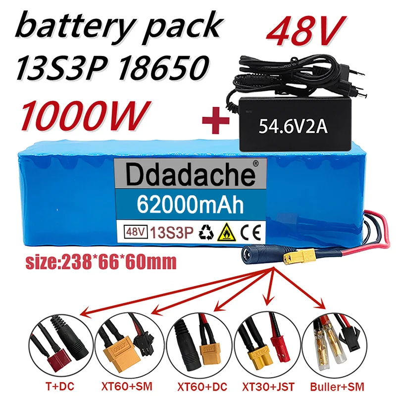 NEW 48V 62000mAh 1000w 13S3P 48V Lithium ion Battery Pack For 54.6v E-bike Electric bicycle Scooter with BMS+54.6V Charger
NEW 48V 62000mAh 1000w 13S3P 48V Lithium ion Battery Pack For 54.6v E-bike Electric bicycle Scooter with BMS+54.6V Charger