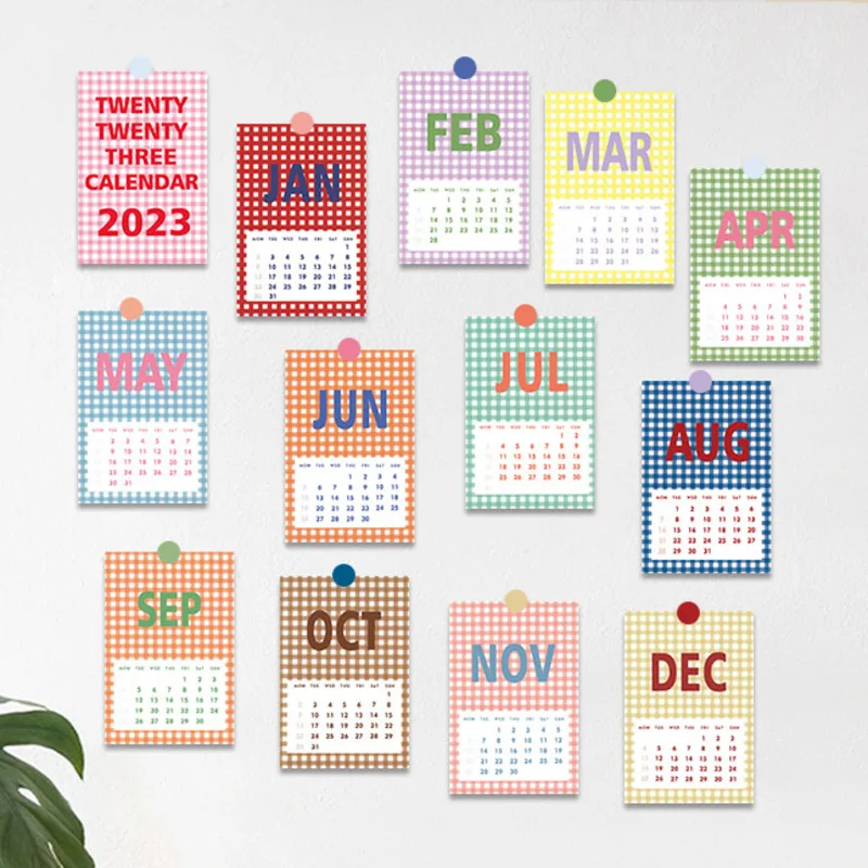 

2023 Ins Colored Grid Calendar Card Set New Year 12 Months Background Wall Diy Decorative Card Photo Props Postcard 13 Sheets