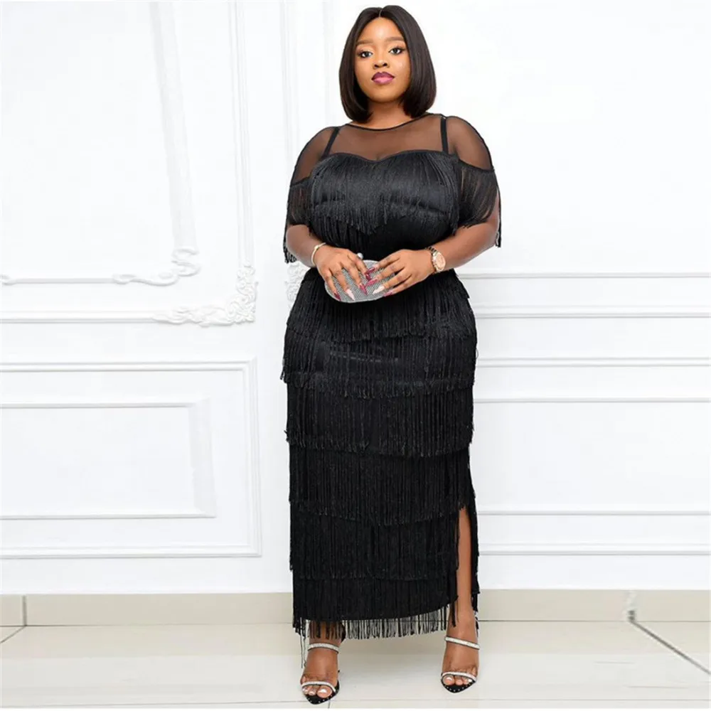 Plus Size Dress Sexy See-through Mesh Stitching Fringed High Waist Large Size Slim Casual Casual Bag Hip Dress Party Dresses
Plus Size Dress Sexy See-through Mesh Stitching Fringed High Waist Large Size Slim Casual Casual Bag Hip Dress Party Dresses