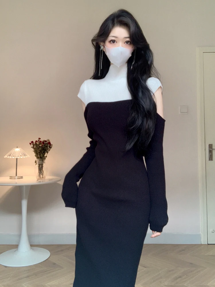 Women Half High Collar Black White Patchwork Knitted Dress Autumn Winter French Retro Off Shoulder Waist Retraction Long Dress
Women Half High Collar Black White Patchwork Knitted Dress Autumn Winter French Retro Off Shoulder Waist Retraction Long Dress