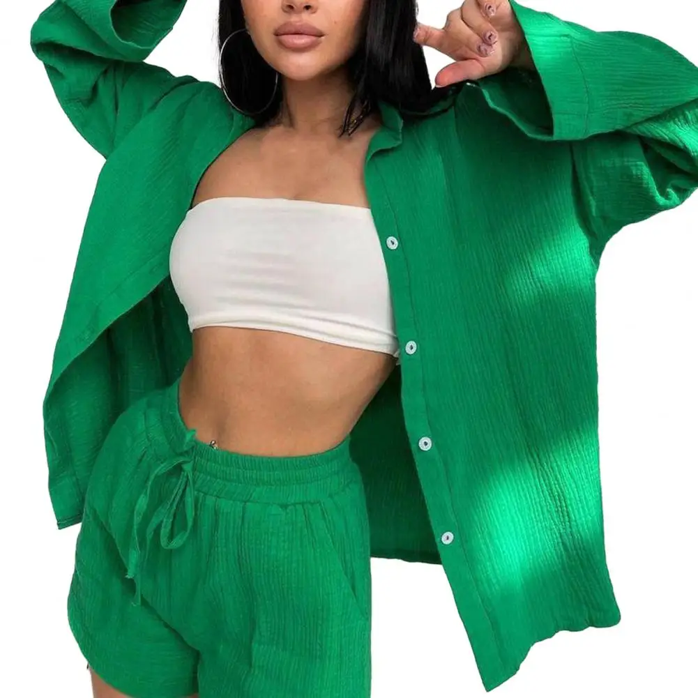 2 Pcs/Set Women Shirt Shorts Set Lapel High Waist Long Sleeves Drawstring Elastic Waist Solid Color Lady Summer Outfit 2023
2 Pcs/Set Women Shirt Shorts Set Lapel High Waist Long Sleeves Drawstring Elastic Waist Solid Color Lady Summer Outfit 2023
