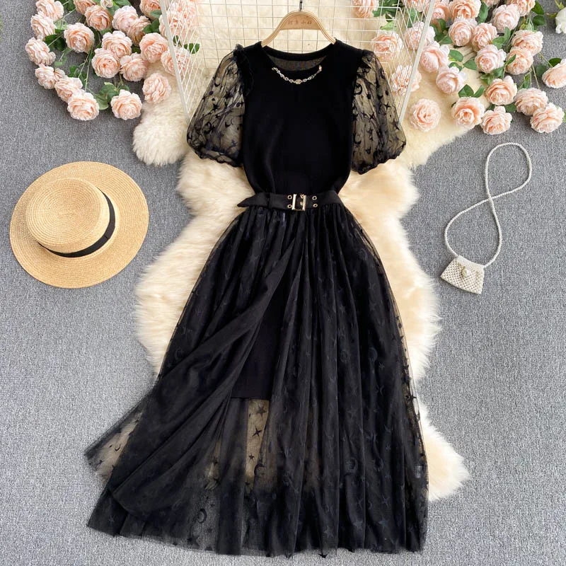 Zcwxm Summer Women Two Piece Skirt Mesh Patchwork Puff Short Sleeve Knitted Dress + High Waist Belt Slim Gauze Split Skirt Sets
Zcwxm Summer Women Two Piece Skirt Mesh Patchwork Puff Short Sleeve Knitted Dress + High Waist Belt Slim Gauze Split Skirt Sets