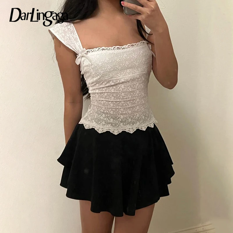 

Darlingaga Chic Sweet Y2K White Tanks Camis Lace Trim Summer Jacquard Vest Kawaii Bow Korean Style Cropped Top Women Sleeveless