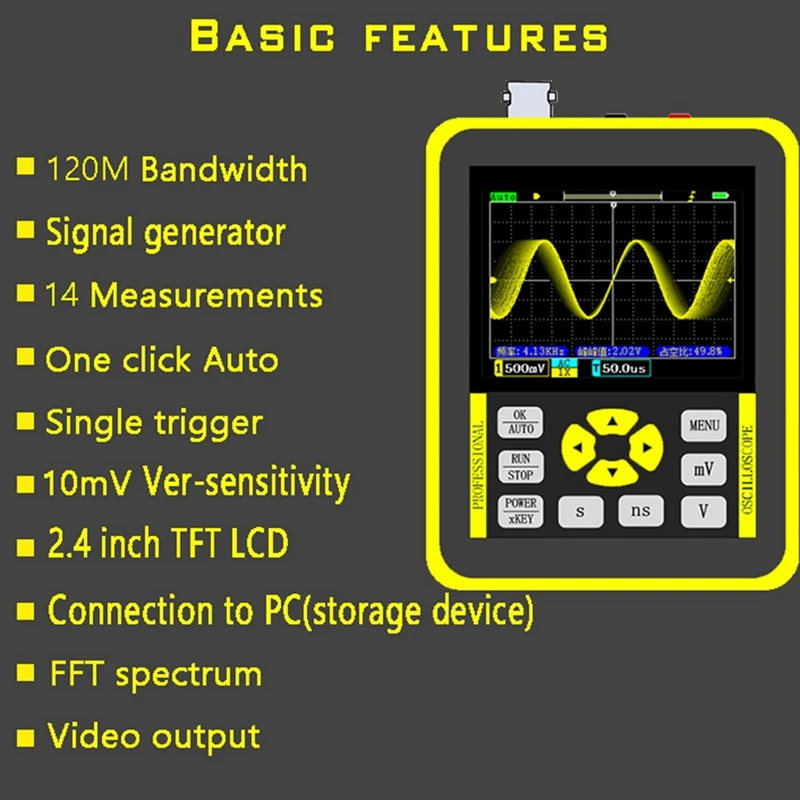 DSO1511G 2.4-Inch Screen Digital Oscilloscope 120Mhz Analog Bandwidth Support Signal Generator Handheld Oscilloscope CNIM Hot
DSO1511G 2.4-Inch Screen Digital Oscilloscope 120Mhz Analog Bandwidth Support Signal Generator Handheld Oscilloscope CNIM Hot