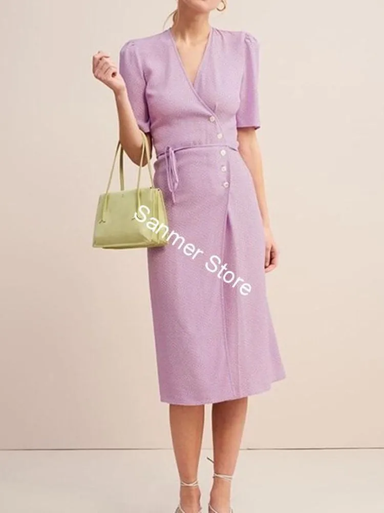 Women One-piece Wrap Dress Dot Print Short Puff Sleeve Lace-up Split Buttons Vintage Beash Style Mid Calf Dress Spring Summer
Women One-piece Wrap Dress Dot Print Short Puff Sleeve Lace-up Split Buttons Vintage Beash Style Mid Calf Dress Spring Summer