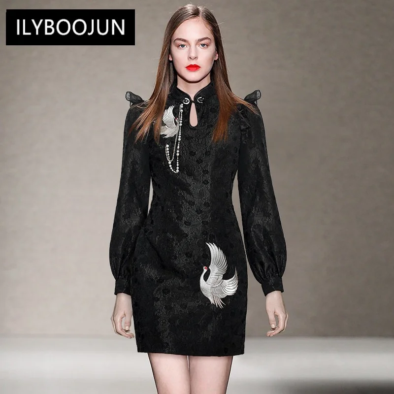 Fashion Designe Summer Short Dress Women Stand Collar Lantern Sleeve Beading Embroidery Black Mini Party Dress
Fashion Designe Summer Short Dress Women Stand Collar Lantern Sleeve Beading Embroidery Black Mini Party Dress