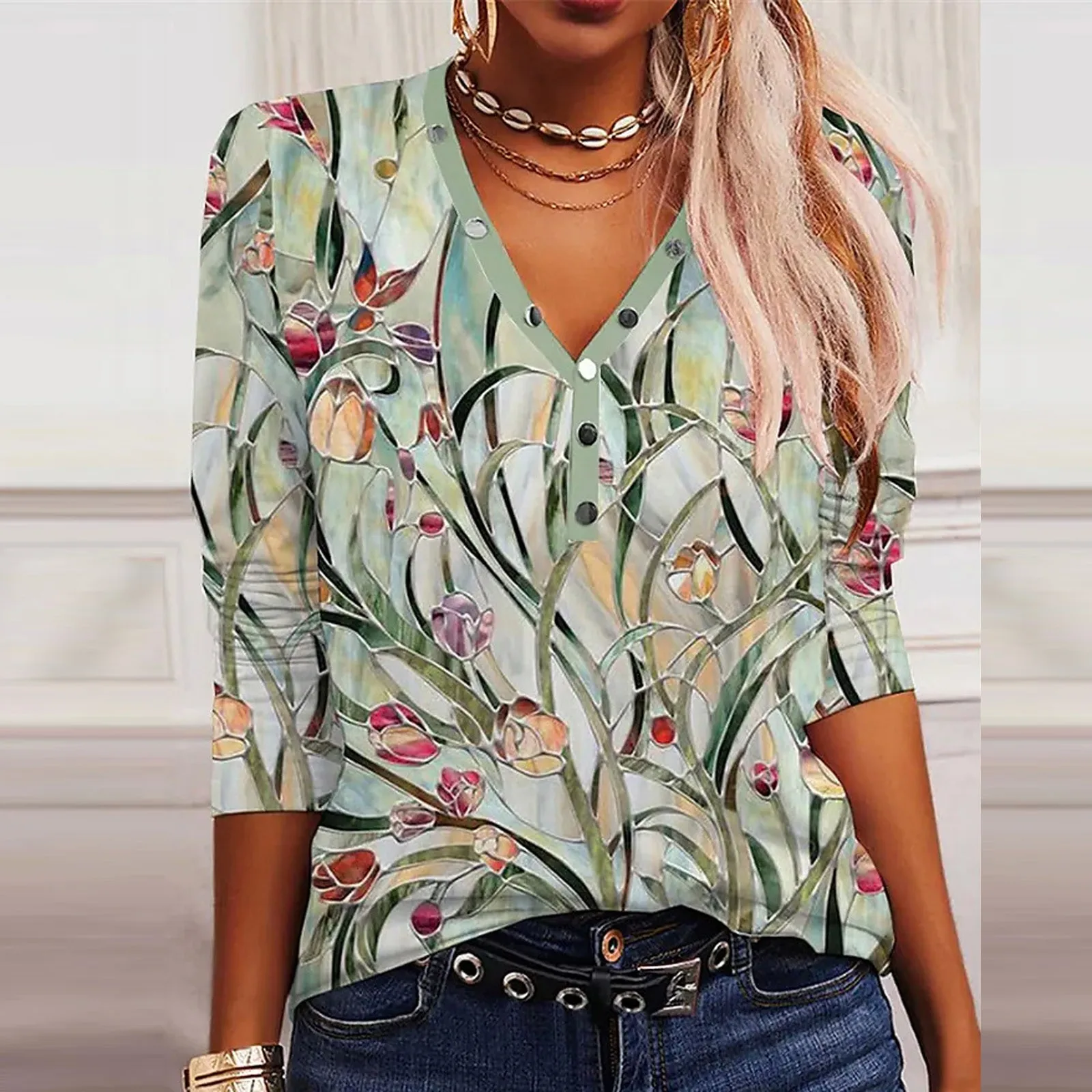 New Women's T shirt Streetwear Print Casual Weekend T shirt 3/4 Sleeve Print V Neck Basic T-shirt 2023 Casual comfy T-shirt
New Women's T shirt Streetwear Print Casual Weekend T shirt 3/4 Sleeve Print V Neck Basic T-shirt 2023 Casual comfy T-shirt