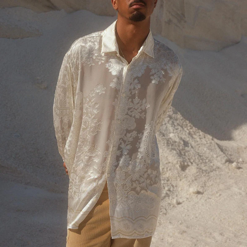 Рубашка мужская с отложным воротником, винтажная сетчатая сорочка с цветочной вышивкой, на пуговицах, длинный рукав, Повседневная модная од... 
Рубашка мужская с отложным воротником, винтажная сетчатая сорочка с цветочной вышивкой, на пуговицах, длинный рукав, Повседневная модная од...