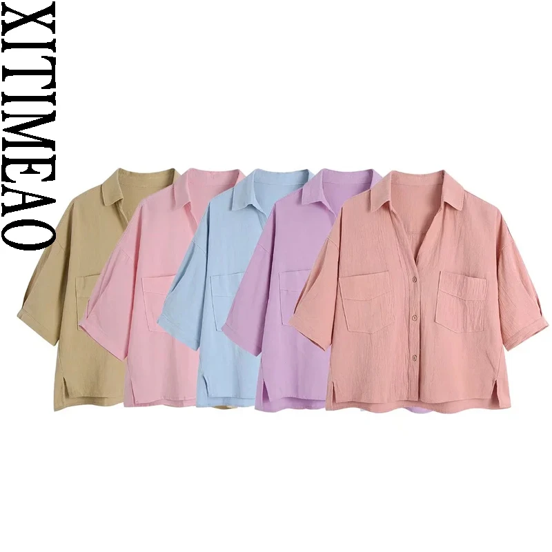 Xitimeao Women Fashion With Pockets Loose Cropped Blouses Vintage Short Sleeve Button-up Female Shirts Blusas Chic Tops
Xitimeao Women Fashion With Pockets Loose Cropped Blouses Vintage Short Sleeve Button-up Female Shirts Blusas Chic Tops