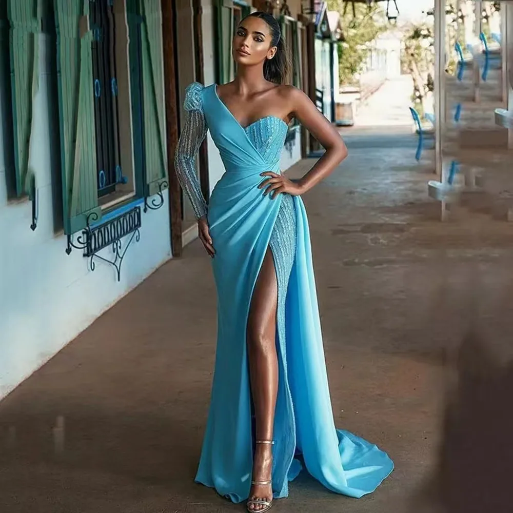 Blue Long Prom Party Dresses Bling Sequines Satin Shiny Mermaid One Sleeves Slit Formal Evening Gowns
Blue Long Prom Party Dresses Bling Sequines Satin Shiny Mermaid One Sleeves Slit Formal Evening Gowns