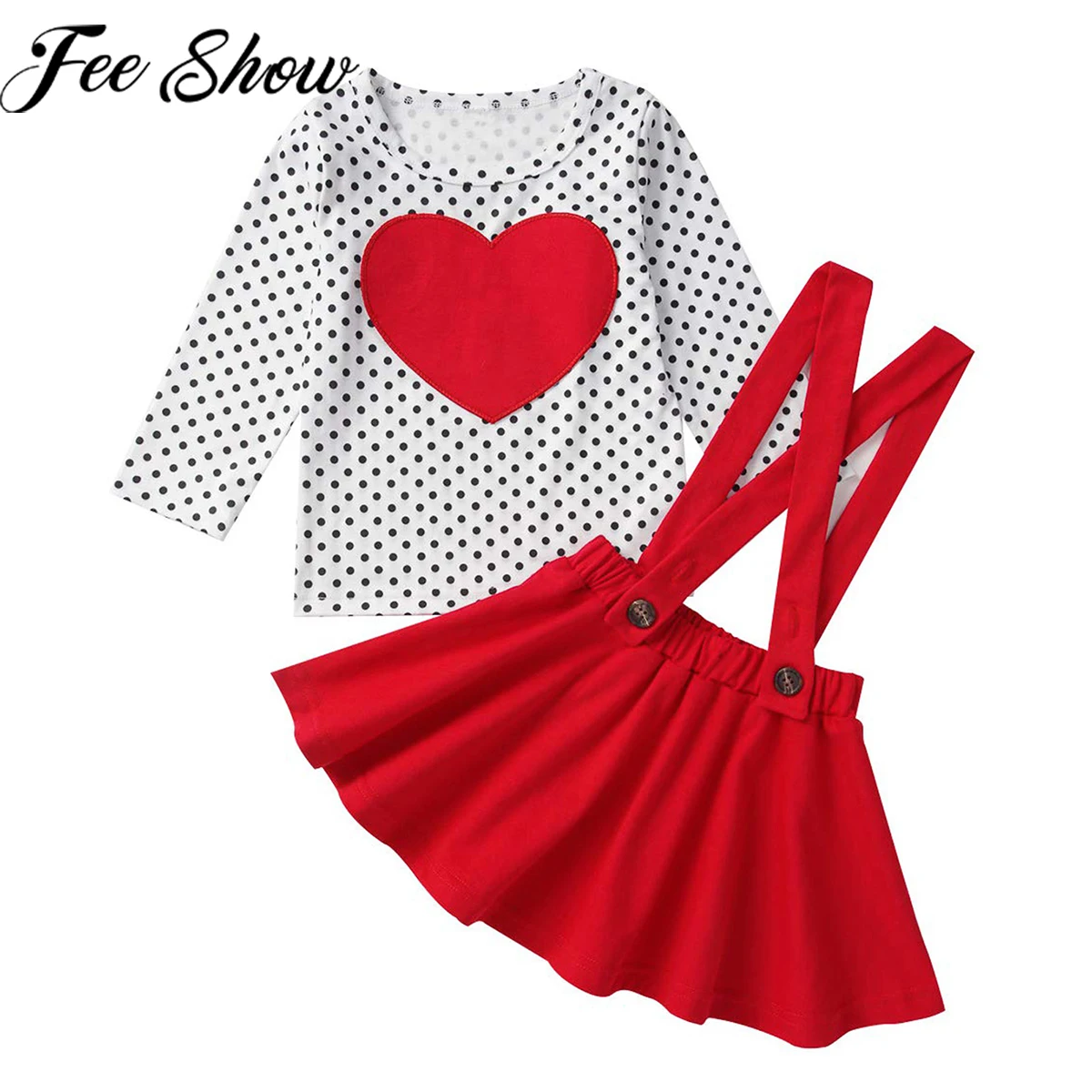 

Kids Baby Girls Clothes 2pcs Suit Polka Dots Print Long Sleeve Shirt Tops Red Suspender Skirt For Valentine's Day Autumn Outfits