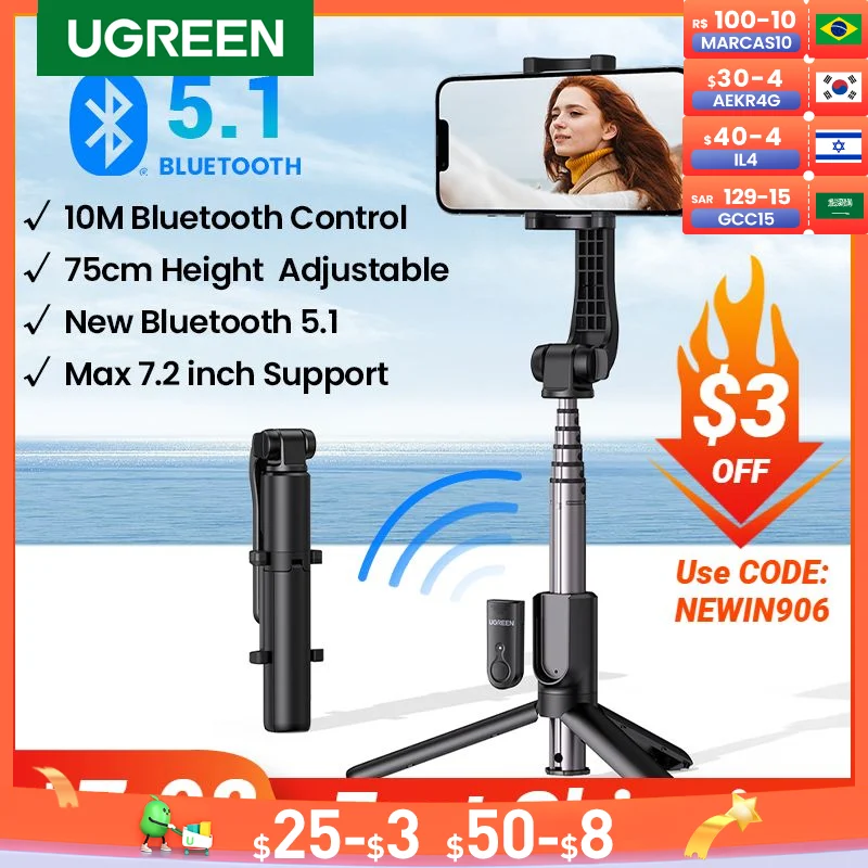 【New-in Sale】UGREEN Bluetooth Selfie Stick Tripod Stand 750mm Extended 10m Bluetooth Remote Shutter Universal For IOS Android 
【New-in Sale】UGREEN Bluetooth Selfie Stick Tripod Stand 750mm Extended 10m Bluetooth Remote Shutter Universal For IOS Android