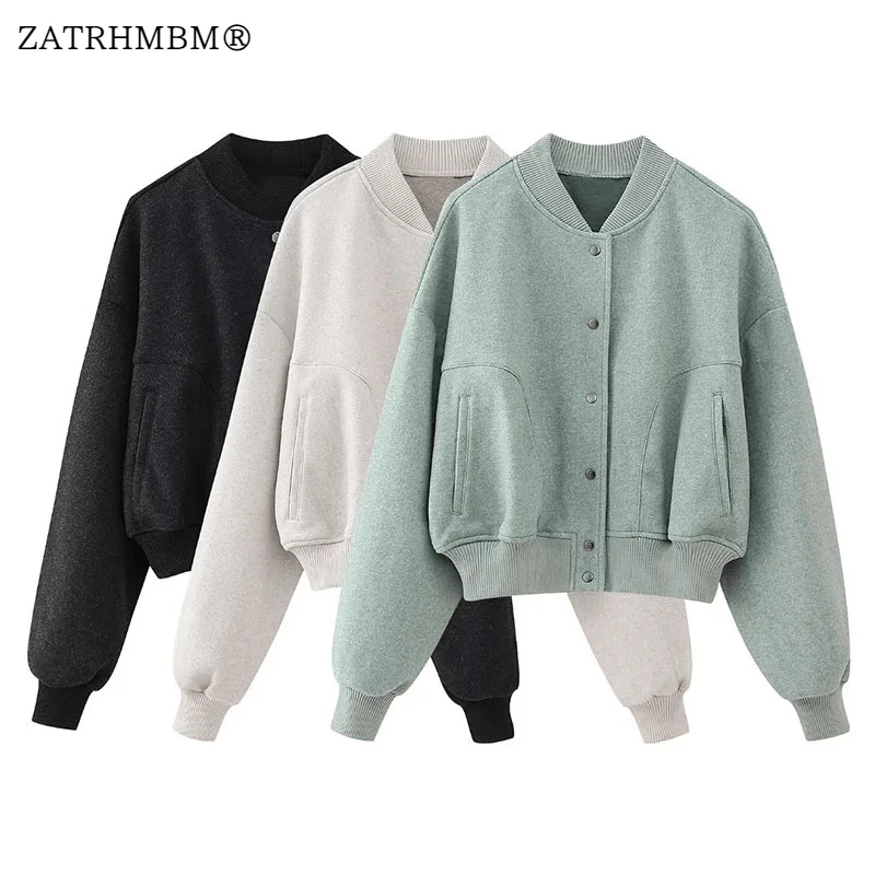

ZATRHMBM женские осенние модные мягкие укороченные куртки-бомберы, пальто, винтажная женская верхняя одежда с длинным рукавом и боковыми карманами, шикарные топы, 2023