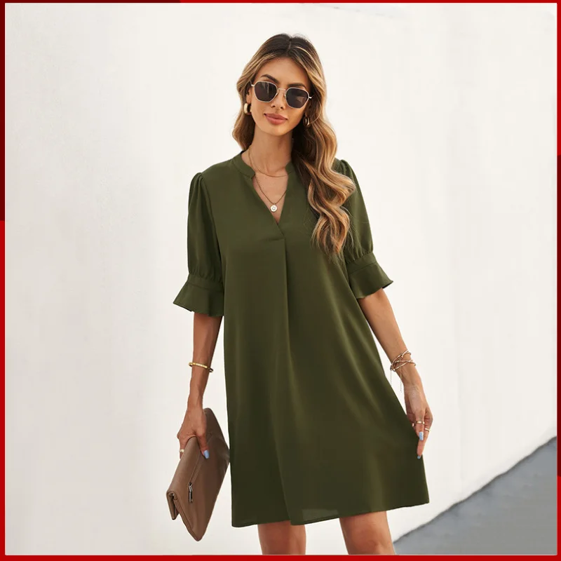 European and American Summer New Chiffon Dress Women's Solid Color Loose Dried V-neck Short Sleeve Knee Length Dress
European and American Summer New Chiffon Dress Women's Solid Color Loose Dried V-neck Short Sleeve Knee Length Dress