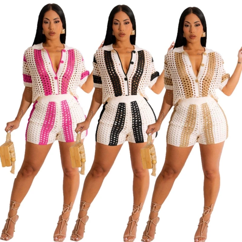 Women 2Pieces Hollow Out Knitted Outfits Set Button Down Shirt Bodycon Shorts
Women 2Pieces Hollow Out Knitted Outfits Set Button Down Shirt Bodycon Shorts