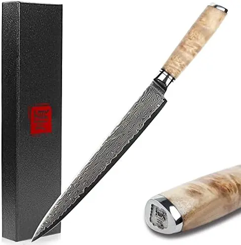Knife Sashimi Sushi Carving Knife 10 Inch Japanese Knife - 67 layer Damascus Steel- Natural Burl Wood Handle - Walnut Wood Sheat
Knife Sashimi Sushi Carving Knife 10 Inch Japanese Knife - 67 layer Damascus Steel- Natural Burl Wood Handle - Walnut Wood Sheat